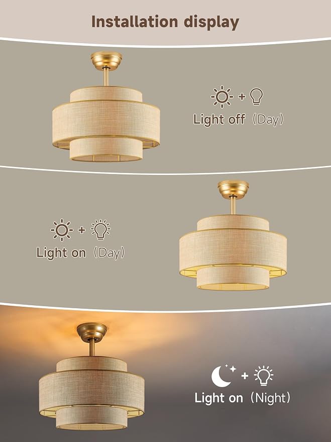 Boho Fandelier Ceiling Fan with Light Rattan Chandelier Fan Remote Gold Caged Ceiling Fan with Light for Bedroom, Living Room Nursery Foyer Kitchen（ Timing Adjustable Height）