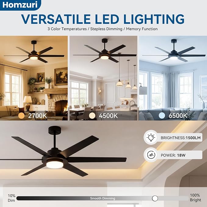 64 Inch Ceiling Fans with Lights, Large Ceiling fan with Light and Remote/APP Control, 3CCT, Dimmable, Noiseless DC Reversible Motor, 6 Blades Black Ceiling Fan for Bedroom Living Room Outdoor