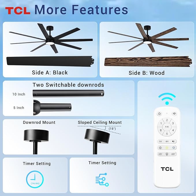 TCL 72 Inch Large Ceiling Fans with Lights and Remote, Quiet Modern Ceiling Fan, 3 CCT Dimmable Remember LED Reversible 8 Dual Side Blades for Living Room Patio Garage (black, 72)