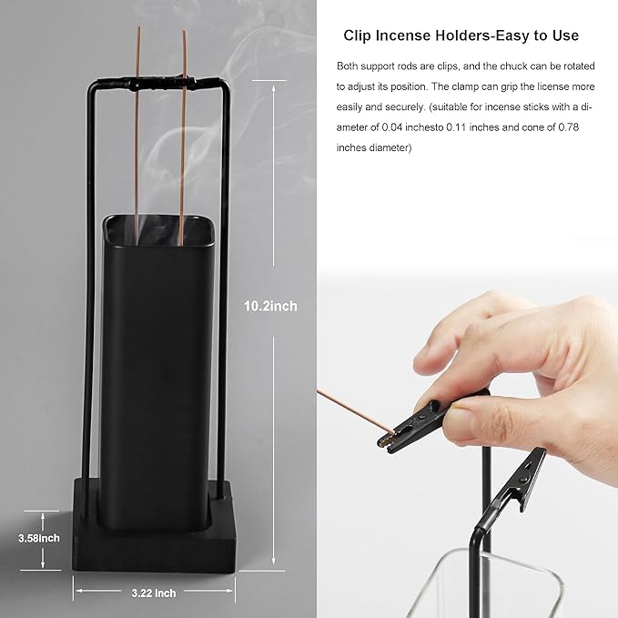 Incense Burner Holder for Sticks, [New Upgraded-Two Black Clip] Upside Down Incense Burner with Removable Glass Ash Catcher Anti-Ash Flying