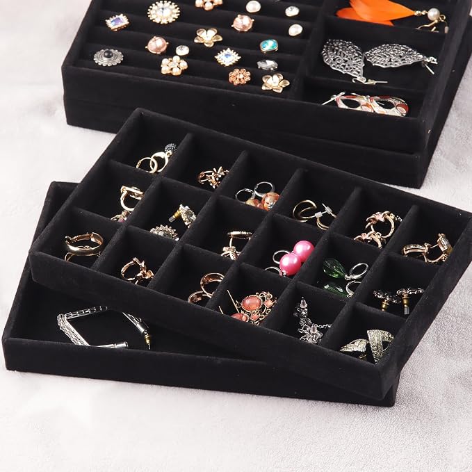 Set of 8 Velvet Jewelry Drawer Organizer Inserts, Stackable Trays with Removable Dividers, Earring and Ring Holder Display for Dresser, Storage Case for Necklace Bracelet Watch - Black