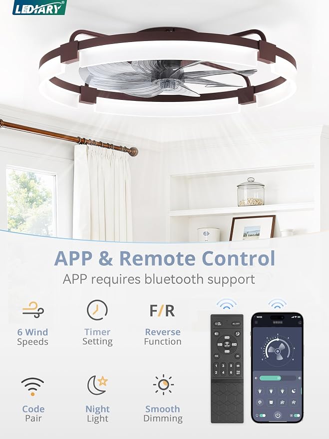 LEDIARY 24" Ceiling Fans with Lights and Remote, Modern Low Profile Ceiling Fan, 3 CCT, Stepless Dimmable, Fandelier Flush Mount Fan Light, 6 Speeds, DC Motor, App & Remote Control for Bedroom(Brown)