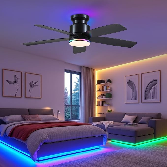 Wiviniya 46 Inch Black Flush Mount Ceiling Fans with Lights, 5 Blades Reversible, 6-Speed 2H Timer, RGB & 3 CCT Dimmable, Remote & APP Control for Bedroom Kidsroom