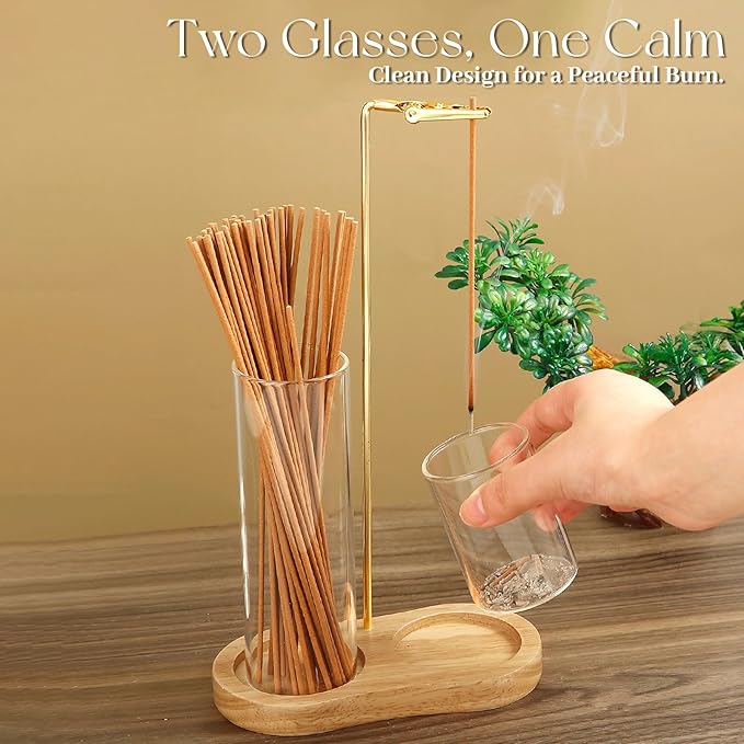 2-in-1 Incense Stick Holder with Glass Ash Catcher, Dual Glass Cups & Metal Clip, Minimalist 8-Shaped Wooden Base, Home Decor Gift (Dark Base)