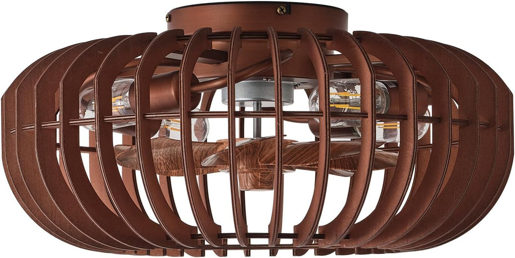 20" Wood Ceiling Fans with Lights Flush Mount, Caged Farmhouse Rustic Ceiling Fan with Light Remote Control, Wooden Low Profile for Bedroom, Living Room, Nursery