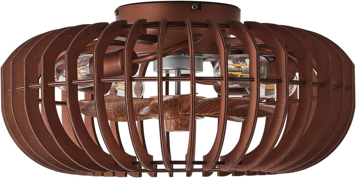 20" Wood Ceiling Fans with Lights Flush Mount, Caged Farmhouse Rustic Ceiling Fan with Light Remote Control, Wooden Low Profile for Bedroom, Living Room, Nursery