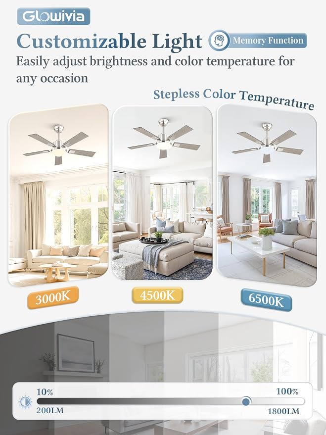 42 Inch Ceiling Fans with Lights and Remote&APP Control, Brushed Nickel Smart Ceiling Fan with 3000-6000K Dimmable, 6 Speeds Reversible, Indoor/Outdoor Ceiling Fan for Bedroom Living Room