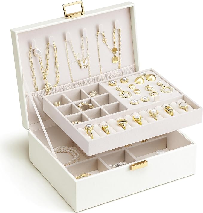 VLANDO Jewelry Box for Women, Gift for Women Girls,2 Layer Jewelry Box,Large Jewelry Organizer for Women Removable Jewelery Tray for Necklace Earrings Rings(Cream White) | Flexible Compartments, Separate Sections for Rings and Larger Pieces, Easy Every...