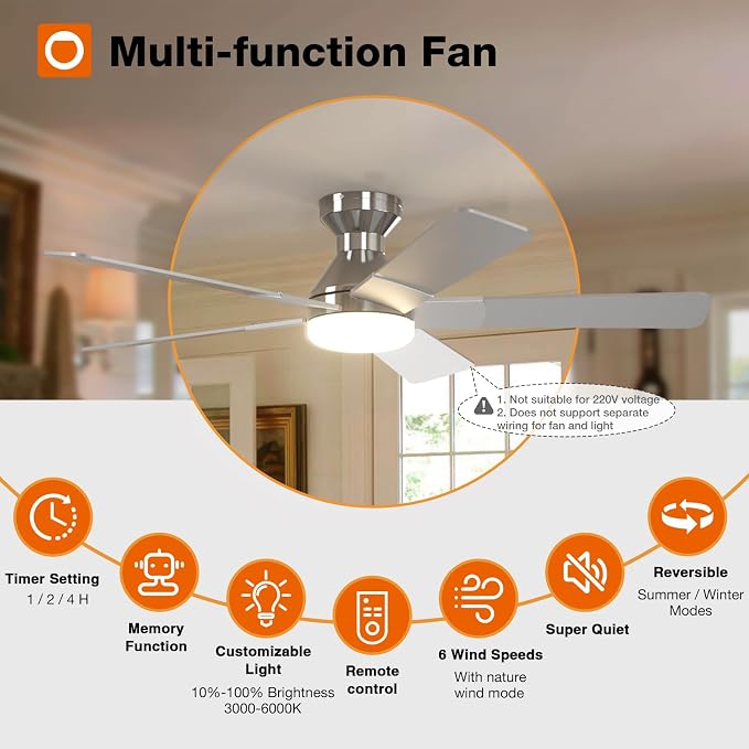 addlon Ceiling Fans with Lights, 52 inch Low Profile Ceiling Fan with Light and Remote Control, Flush Mount, Reversible, 3CCT, Dimmable, Noiseless, Nickel Ceiling Fan for Bedroom, Indoor/Outdoor Use