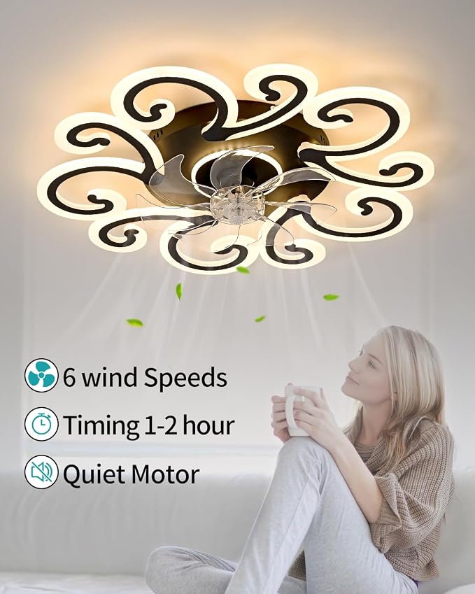 Remote-Controlled Ceiling Fan with Light, Modern Ceiling Fan with Lighting, Stepless Dimming with Color Temperature Adjustment, 6-Speed Settings, Suitable for Bedrooms and Living Rooms (Black)