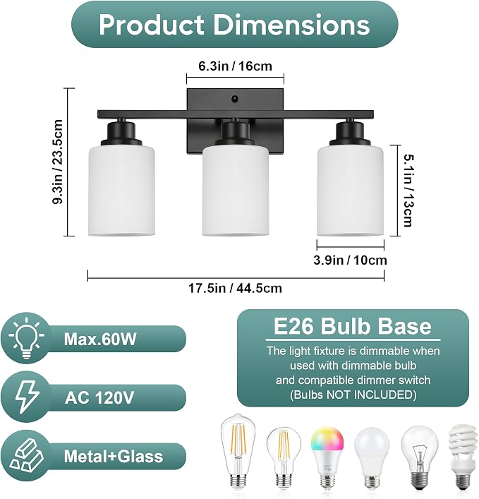 Ascher Bathroom Light Fixtures, 3-Light Vanity Light Over Mirror, Black Wall Sconces with Milky White Frosted Glass Shades, Wall Lamp for Living Room Bedroom, E26 Base(Bulbs Not Included)