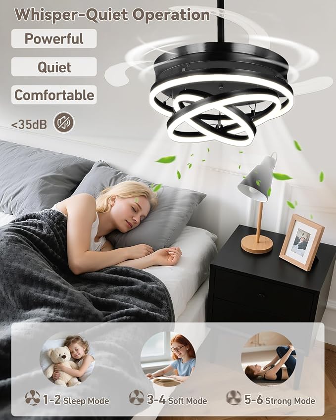 Retractable Ceiling Fans with Lights, 42" Fandelier Ceiling Fan with Light and Remote, Reversible, 3 CCT, Dimmable, Modern Chandelier Ceiling Fan for Bedroom, Living Room, Dining Room (Black)