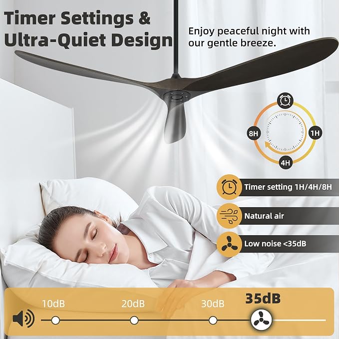 Ceiling Fan Without Light, 72 Inch Smart Wood Ceiling Fan no Lights, Compatible with Alexa/Google, 3 Natural Walnut Blades, Remote, Quiet Reversible DC Motor for Indoor Outdoor, Dark Brown