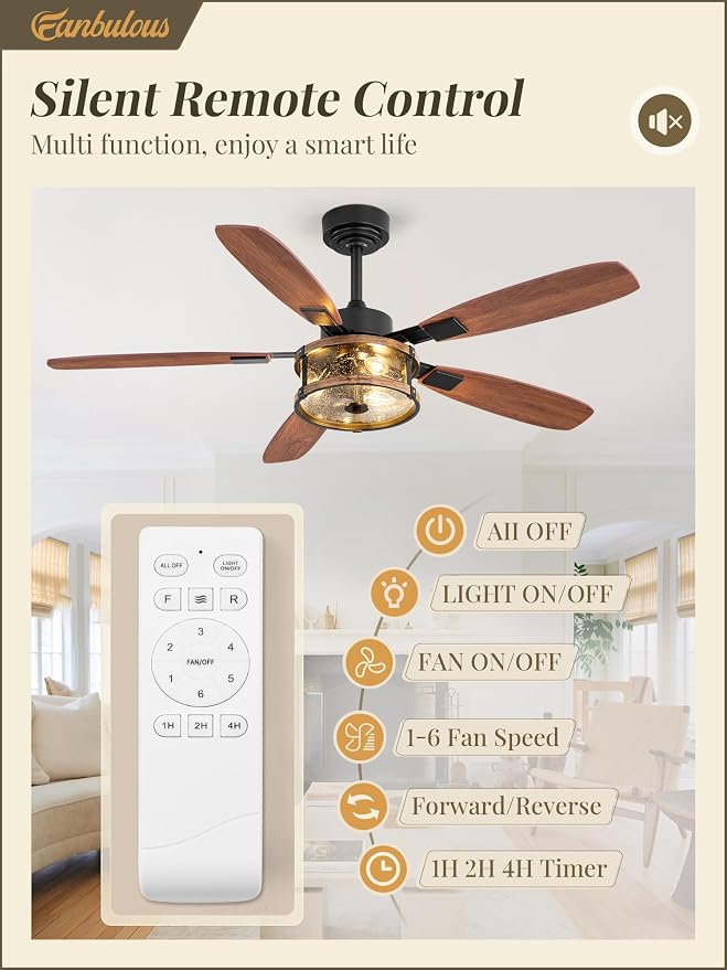 Fanbulous Farmhouse Ceiling Fan with Light and Remote, 52" Black Rustic Flush Mount Ceiling Fans for Bedroom Living Room, Industrial Caged Ceiling Fan for 6 Speed Reversible Motor, 5 Dual Blades
