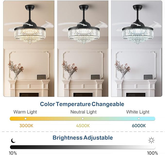 FIDGRA 42'' Fandelier Ceiling Fan with Light, Retractable Chandelier Fan, 3 Color Temperature, 6 Wind Speed, Crystal Ceiling Fan for Bedroom Living Room Dining Room-Black