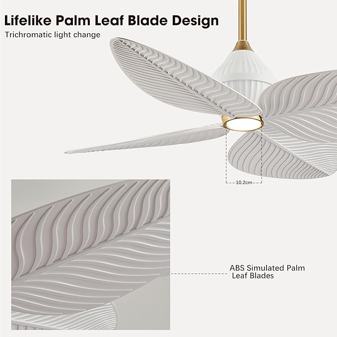 52" Tropical Ceiling Fans with Lights, Indoor Palm Leaf Ceiling Fan with Light and Remote for Living Room Bedroom, ABS Blades, Dimmable LED Lights, 6 Speeds, Adjustable Height-White Gold