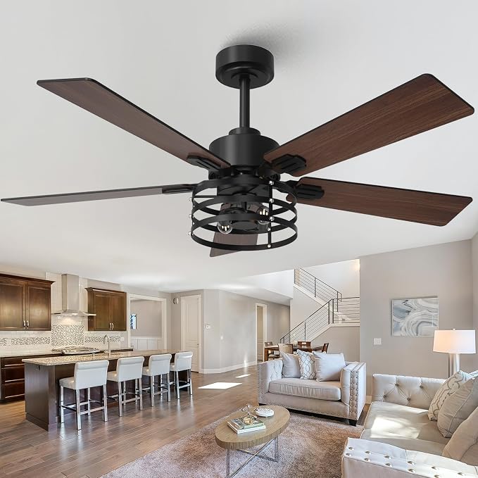 52" Farmhouse Ceiling Fan with Light and Remote, Ceilings Fan Dual Finish 5 Blades 6-Speed Quiet and Reversible DC Motor, Rustic Ceiling Fans with Light for Bedroom Living Room and Kitchen