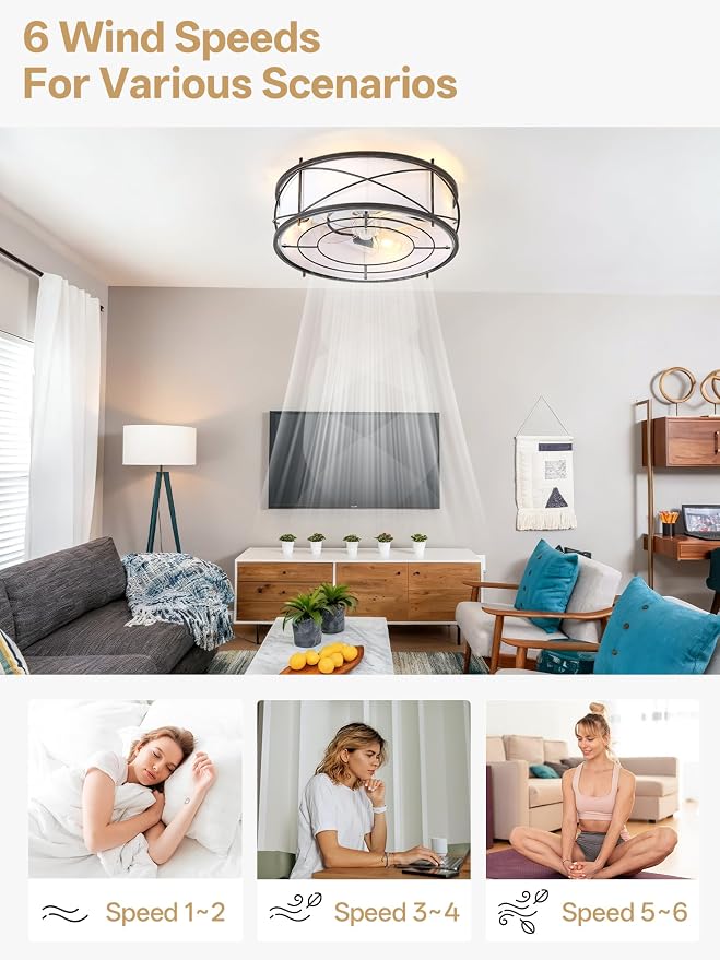 Black Flush Mount Farmhouse Ceiling Fan with Lights, 20" Caged Rustic Ceiling Fans with Light and Remote, Enclosed with 6 Speeds for Living Room, Bedroom, Nursery