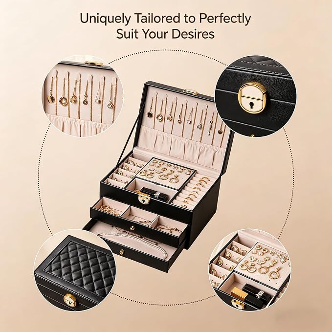 3 Layer Jewelry Box Organizer with Drawers, Lockable Holder for Women Girls | Large Capacity Storage Case with Velvet Lining, Earring Slots, Ring Cushions, Necklace Hooks, Elegant Gift for Mom