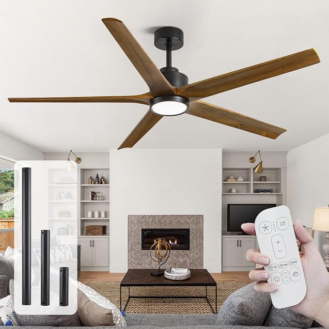 60 Inch Wood Ceiling Fan with Lights, Farmhouse Outdoor Silent Ceiling Fans, Modern High CFM Ceiling Fans, Quiet Reversible DC Motor, 5 Blades 6 Speed for Bedroom Living Room Exterior Patios