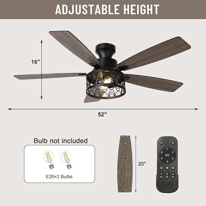52'' Flush Mount Farmhouse Ceiling Fan with Light & Remote Control | Reversible Quiet DC Motor,6-Speed,Timer Dual-Sided Blades,Low Profile Industrial Caged Ceiling Fan for Bedroom Living Room