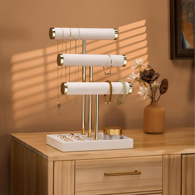 Jewelry Organizer Stand Display, 3 Tier Velvet Bracelet Holder, White | Jewelry Organizers and Storage | Jewelry Tree | Jewelry Towers for Necklaces, Bracelets, Earrings, Rings