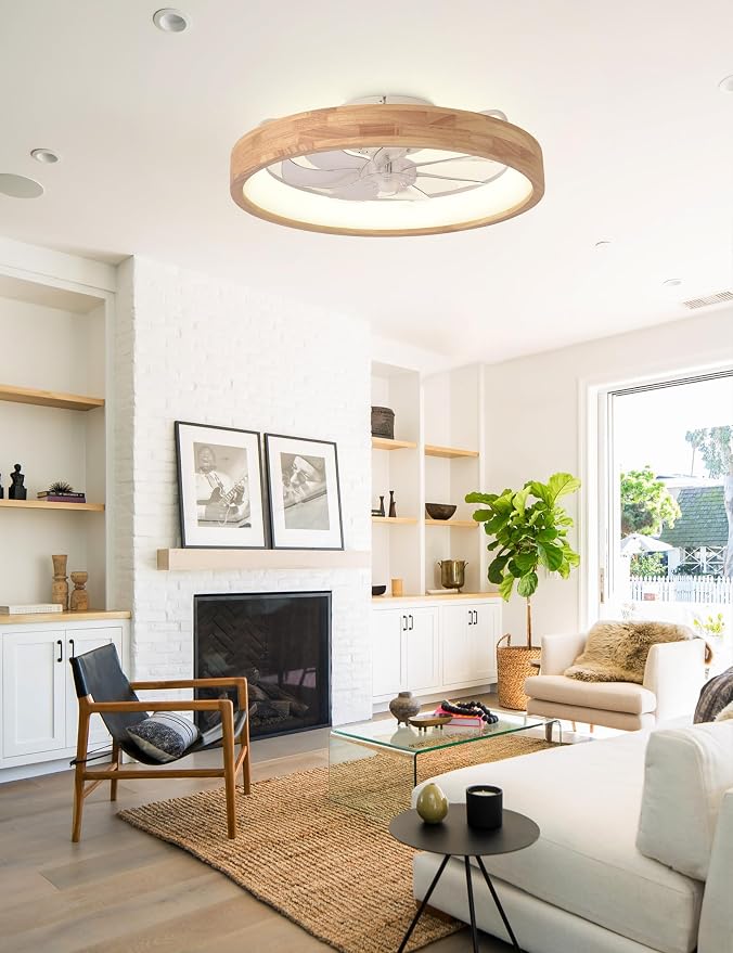20'' Low Profile Ceiling Fans with Lights Modern Flush Mount Wood Ceiling Fan and Remote Dimmable LED