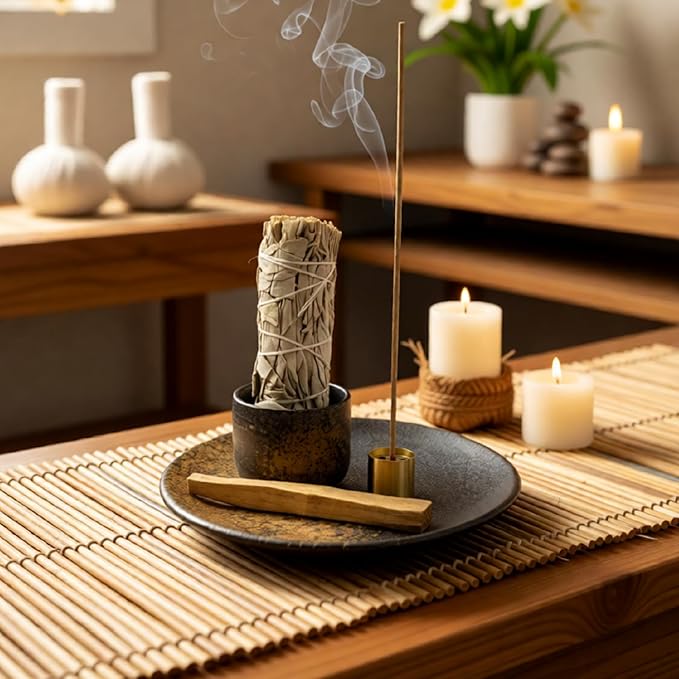 3 in 1 Incense and Candle Holder, Ceramic Palo Santo Burner Sage Burner, Multi Holes Brass Incense Stick Holder, 5.9” Ceramic Ash Catcher Tray, Incense Burner Set for Meditation
