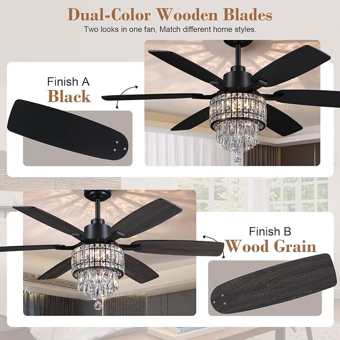Kviflon 52 Inch Crystal Ceiling Fan with Lights, Black Fandelier Ceiling Fan with Light and Remote/APP Control, Modern Chandelier Ceiling Fan for Bedroom Living Room, Quiet DC Motor, Dimmable LED