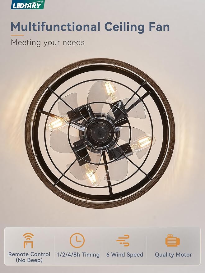 LEDIARY 16.5in Caged Ceiling Fan with Light, Fandelier Industrial Ceiling Fan with Remote, Rustic Metal Fan Lights Ceiling Fixtures for Kitchen, Farmhouse, Bedroom（6 Speed,1/2/4/8h Timing）-Brown