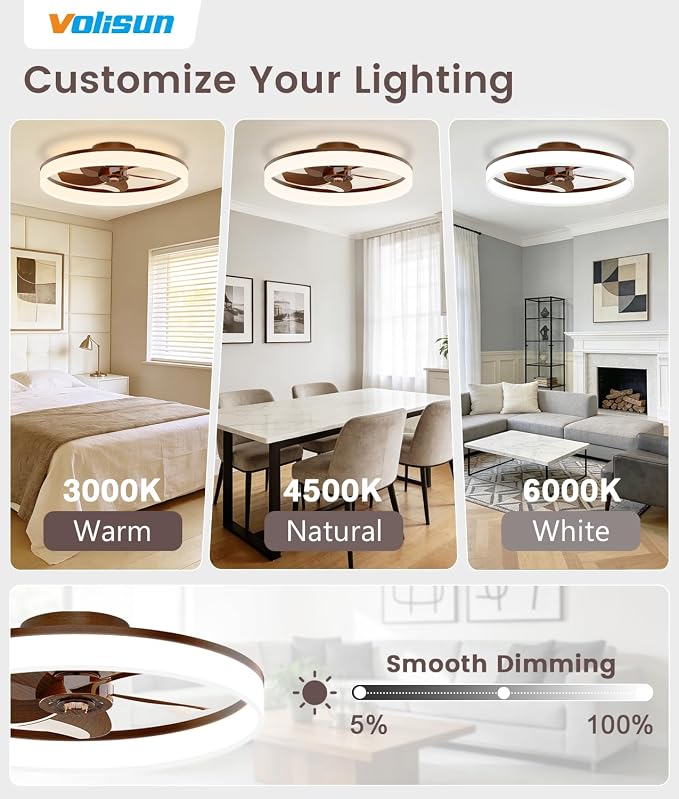 VOLISUN Low Profile Ceiling Fans with Lights and Remote, 20in Fandelier Ceiling Fan Flush Mount, 3000K-6500K Smart Bladeless LED Fan Light, Farmhouse Ceiling Fans with Lights for Bedroom(Wood)