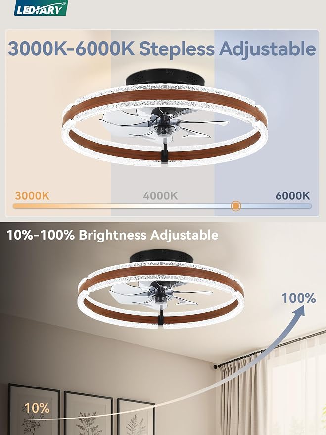 LEDIARY 20" Ceiling Fans with Lights and Remote, Low Profile Ceiling Fan with Light, 3000-6000K Dimmable Fandelier Ceiling Fans, Modern Flush Mount Fan Light for Bedroom with 6 Wind Speeds - Walnut