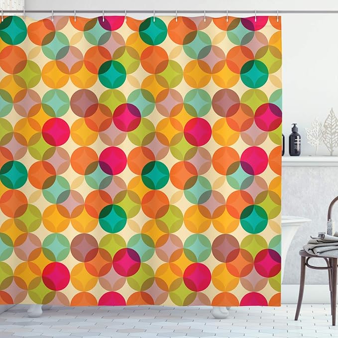 Ambesonne Vintage Shower Curtain, Retro Abstract Ornament of Mosaic Style Circle Fashionable Cheerful Round Nostalgia Art Print, Cloth Fabric Bathroom Decor Set with Hooks, 69" W x 84" L, Apple Green