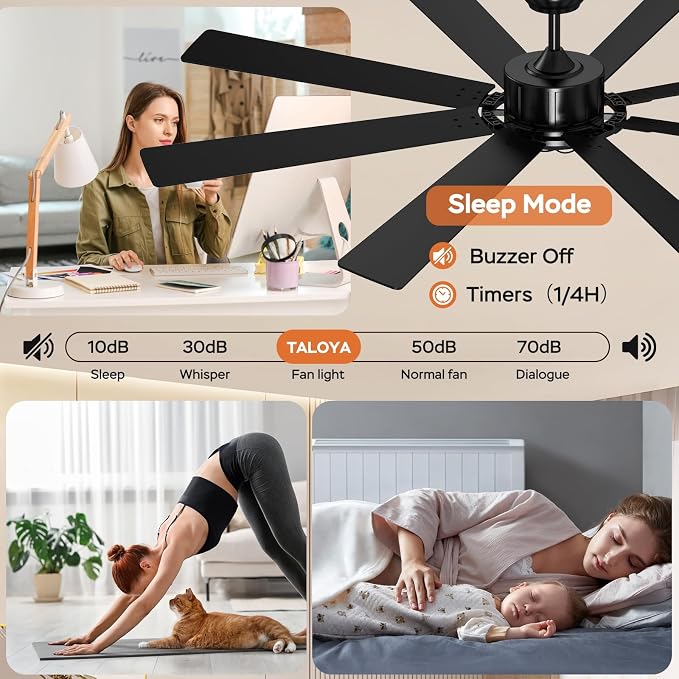 TALOYA 72 Inch Ceiling Fans with Lights and Remote Flush Mount Low Profile for Living Room Farmhouse Bedroom Patio Outdoor Dining Room,DC Motor,Reversible,Buzzer Mute,Dimmable Led Light,Rustic,Black