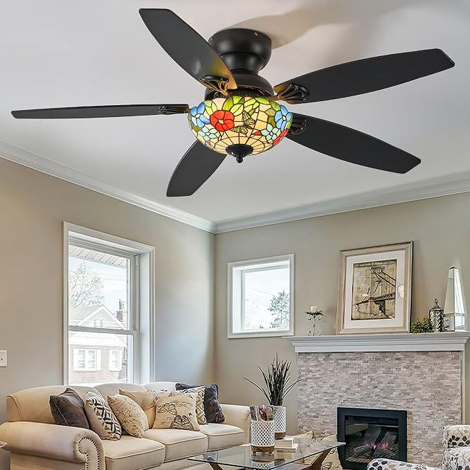Tiffany Ceiling Fans with Lights - 52" Ceiling Fan Chandelier with 5 Dual-Blades and Glass Shade, 6 Speeds and Reversible, Indoor and Outdoor, Retro Style