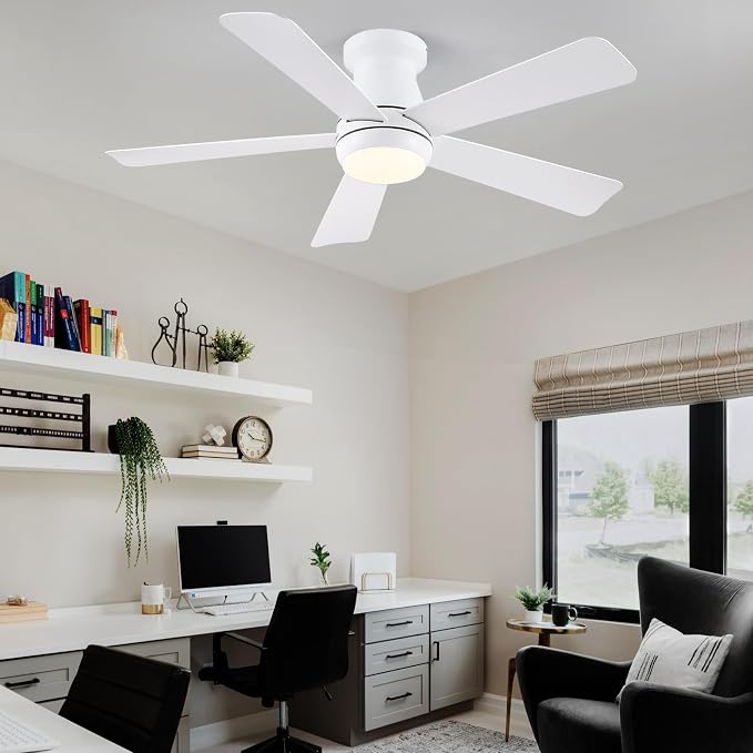 Hounberi 46 Inch Low Profile Ceiling Fan with Light, Modern Flush Mount Ceiling Fans for Low Ceilings, Quiet DC Motor Bedroom Fan, 3CCT Dimmable, Reversible Blades, High Airflow, Energy Saving, White