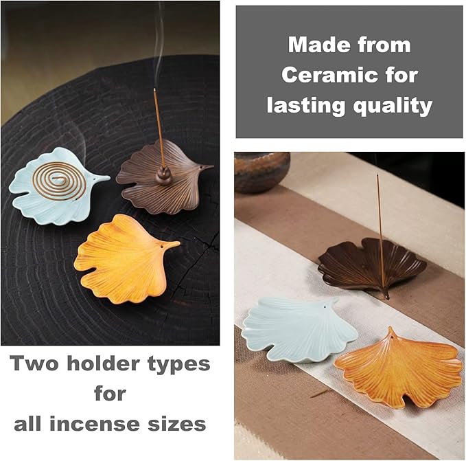 Ceramic Incense Holder,Incense Burner Tray for Sticks,Coil,Cone,Handcrafted Burner Ash Catcher for Yoga Meditation Energy Cleansing Room Décor (Orange, Ginkgo Leaf & Gourd)