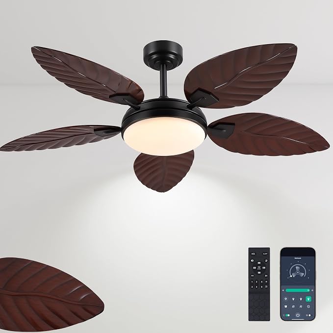 GJeg Tropical Ceiling Fans with Lights and Remote,52Inch Outdoor Palm Leaf Ceiling Fan for Patios Porch Bedroom, Dimmable LED Light, 6 Speeds, Reversible,Dark Brown