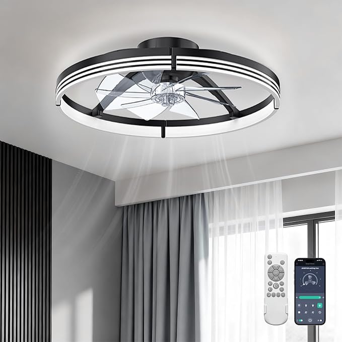AKOFUN 24" Ceiling Fans with Lights and Remote, Low Profile Flush Mount Ceiling Fan with Light, 3000-6500K Dimmable LED Fan Light, Modern Bladeless Fandelier Ceiling Fans for Bedroom, Black Stripes