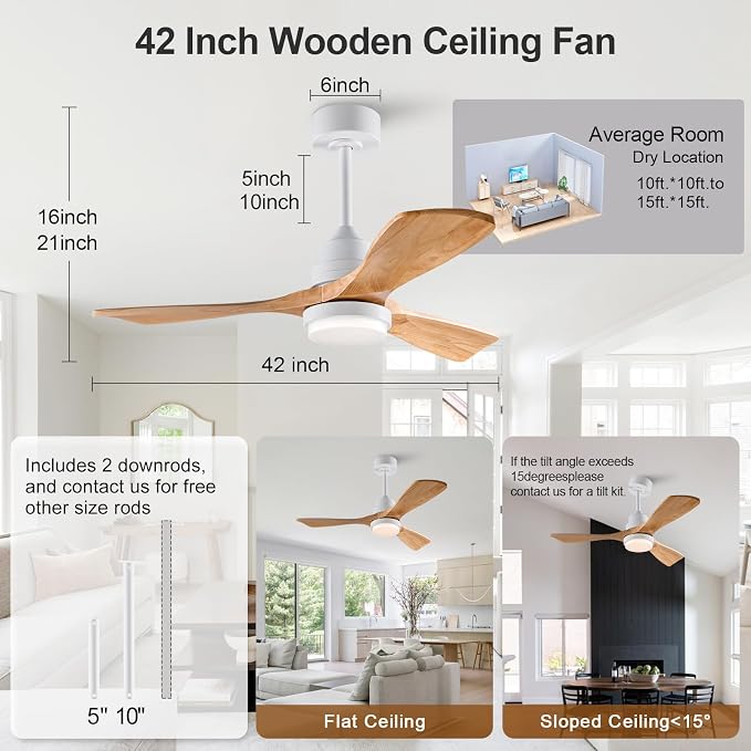 42 Inch Outdoor Ceiling Fans with Lights and Remote Control, Dimmable Outdoor Ceiling Fans for Patios 3 Blade Wood White Natural Wood Bedroom Ceiling Fan with Light, Wall Switch