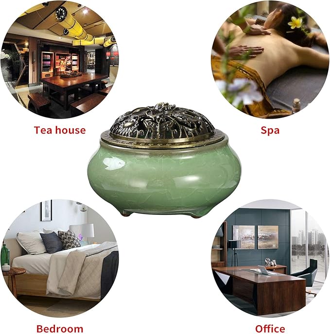 Miupoo Stick Incense Burner and Cone Incense Holder with Brass Incense Stick Holder Ceramic Ash Catcher (Light Green)