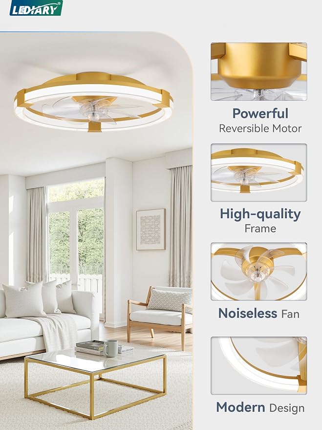 LEDIARY Ceiling Fans with Lights, 20 Inch Low Profile Ceiling Fan with Remote, 6 Speeds, Reversible, Dimmable Flush Mount Fan Light, Modern Fandelier Ceiling Fan with Lights for Bedroom, Gold