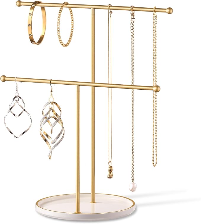 Jewelry Stand with Ceramic Tray, Necklace Holder, Gold Bar White Base | Ceramic Base, Gift for Women & Girls, Hanging Necklace Organizer Tree, Earrings, Bracelets, Rings, small