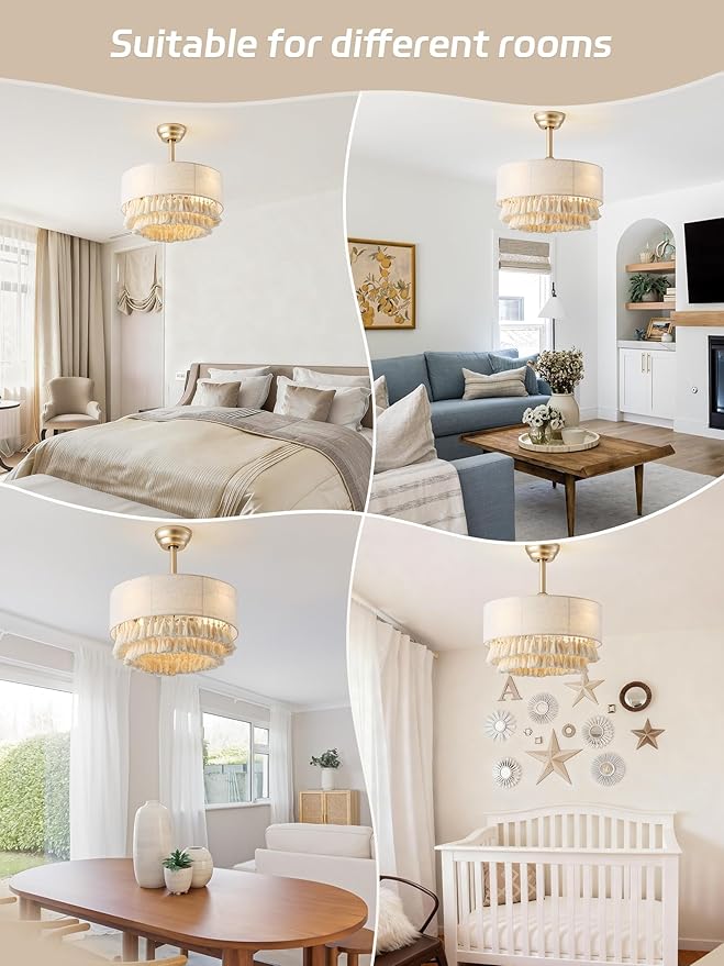 20" Gold Boho Fandelier Ceiling Fan with Light, Gold Boho Chandelier Ceiling Fans with Lights Remote Control, Caged 6-Speed for Bedroom, Nursery, Living Room