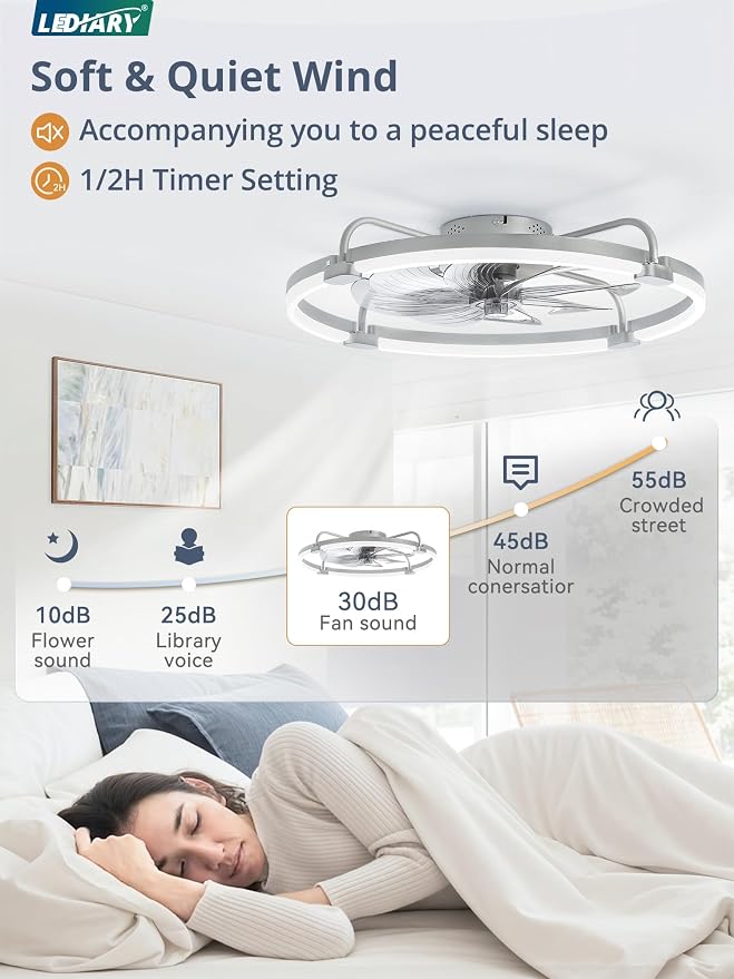 LEDIARY Ceiling Fans with Lights and Remote, 24'' Low Profile Ceiling Fan with Light, 3000-6000K Dimmable Fandelier LED Fan Light, 6 Wind Speeds, Grey Modern Flush Mount Ceiling Fan for Bedroom