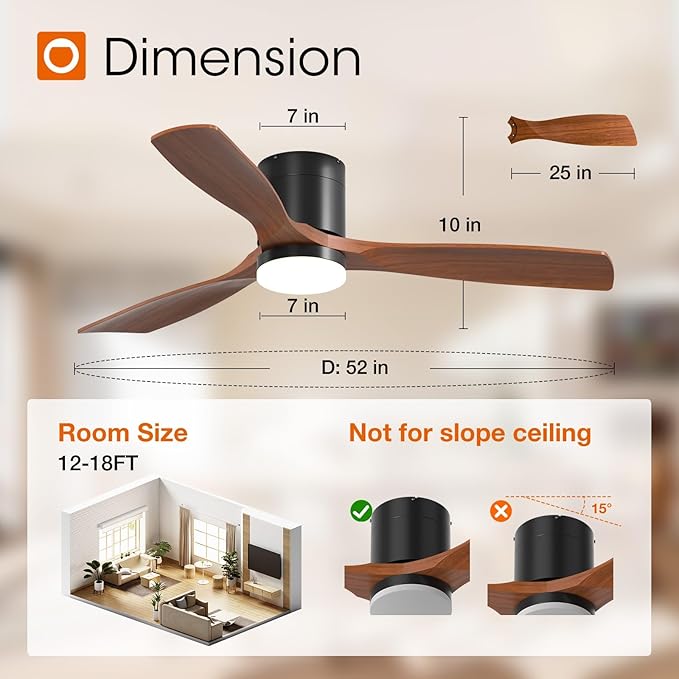 addlon 2 Pack 52 inch Ceiling Fans with Lights, Black Low Profile Ceiling Fan with Light and Remote Control, Flush Mount, Reversible, 3 Wood Blades, 3CCT Dimmable, Ceiling Fan for Indoor/Outdoor Use