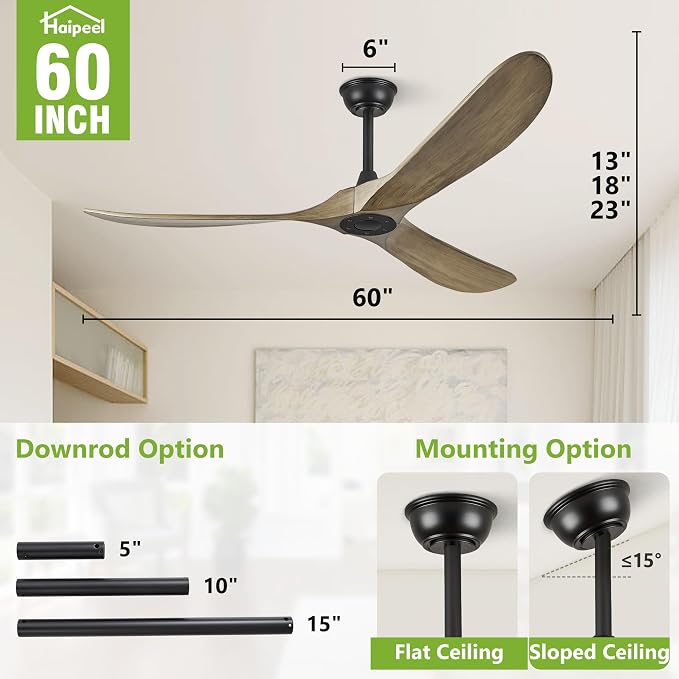 Haipeel 60" Wood Ceiling Fan no Light, 60 Inch Ceiling Fans without Lights with Remote Control, Indoor Outdoor Ceiling Fan no Light for Rustic Porch Propeller 3 Blade, ETL Quiet DC Motor, Bronze Gray
