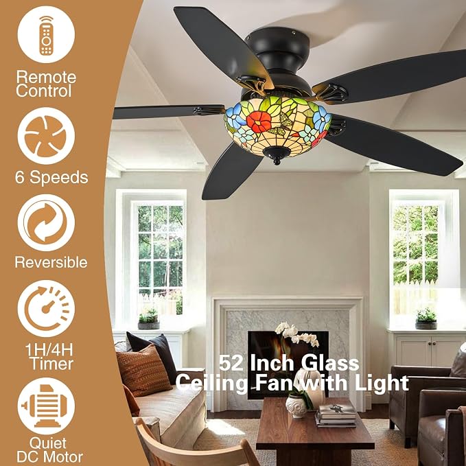 Tiffany Ceiling Fans with Lights - 52" Ceiling Fan Chandelier with 5 Dual-Blades and Glass Shade, 6 Speeds and Reversible, Indoor and Outdoor, Retro Style