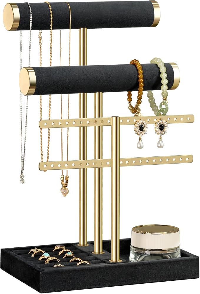 Jewelry Organizer Stand for Necklaces, Bracelets, Earrings, Rings, Black | 3 Tier Velvet Bracelet Holder Display | Jewelry Organizers and Storage | Jewelry Tree | Jewelry Towers