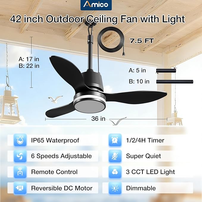 Amico 36 Inch Outdoor Ceiling Fans with Lights for Patios, IP65 Waterproof Gazebo Fan Remote Control,3CCT, 6 Speeds, Hook Hanging Plug in Ceiling Fan for Patio Porch Pergola Garage Canopy (Black)
